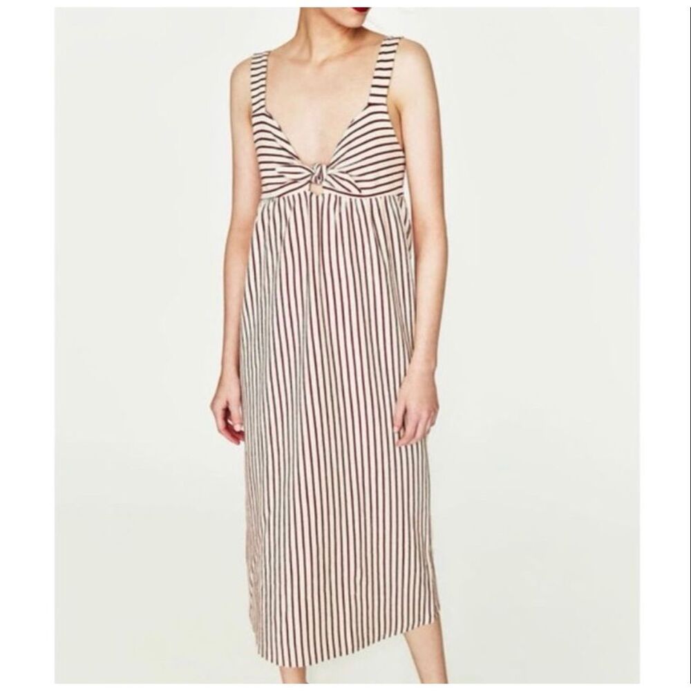 Zara Trafaluc Red White Knit Striped Tie Front Keyhole Midi Dress Size Large